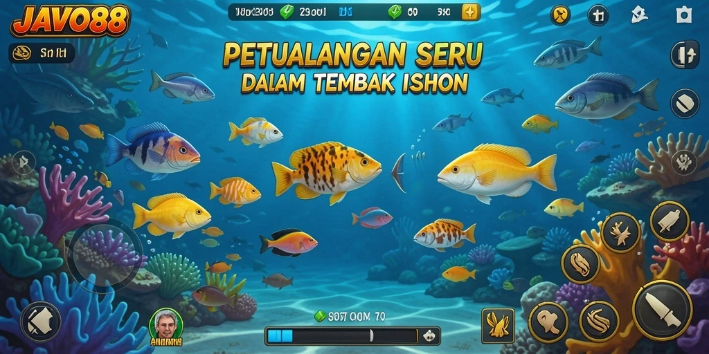 Screenshot JAVO88 menunjukkan aksi menembak ikan yang penuh warna.