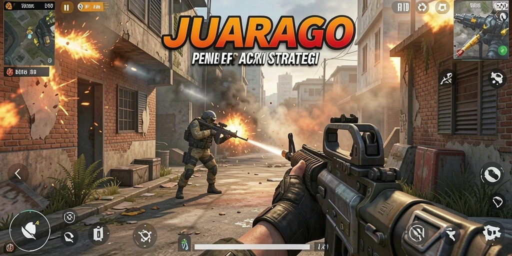 Screenshot utama JUARAGO menampilkan aksi tembak-menembak yang intens.