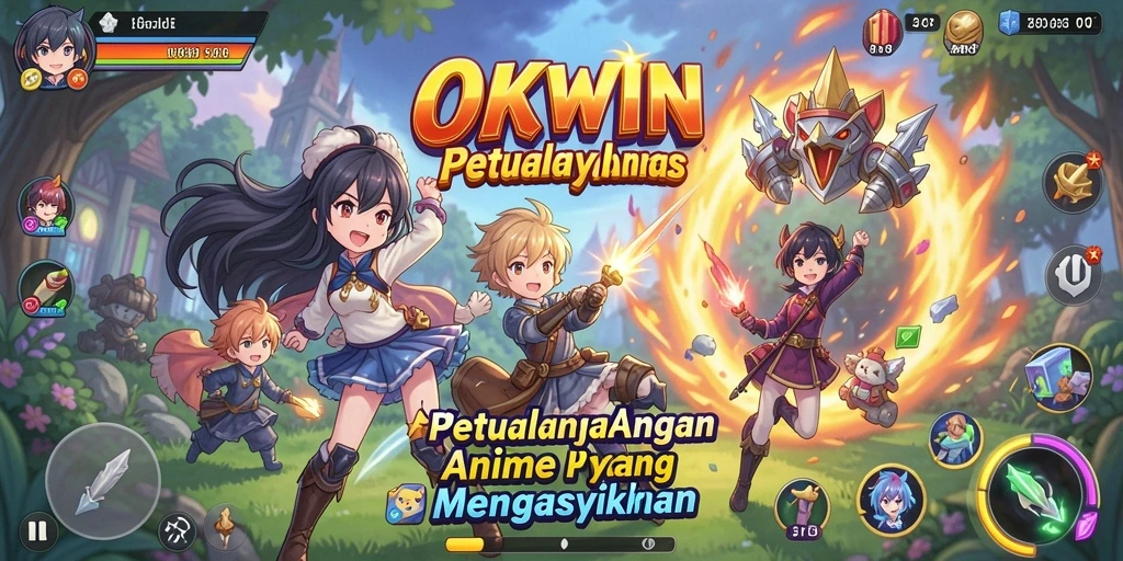 Tampilan gameplay OKWIN dengan karakter anime yang menarik.